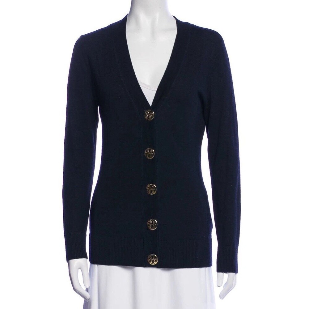Tory Burch 100% Meriono Wool Cardigan Size S Navy Blue V-Neck Logo Buttons